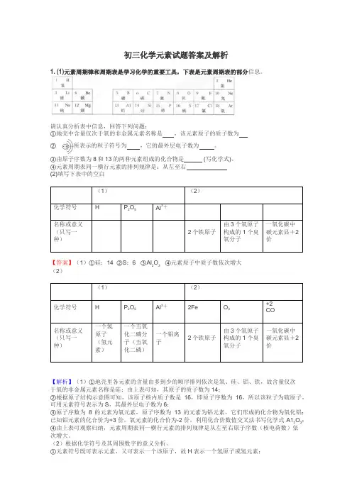 初三化学元素试题答案及解析
