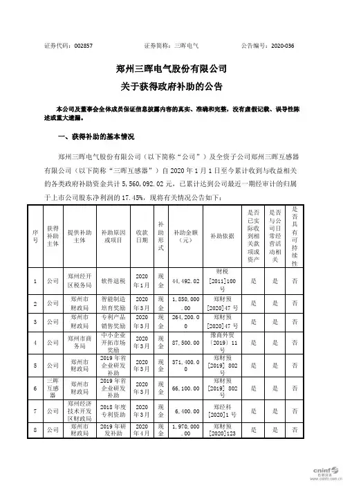 三晖电气：关于获得政府补助的公告
