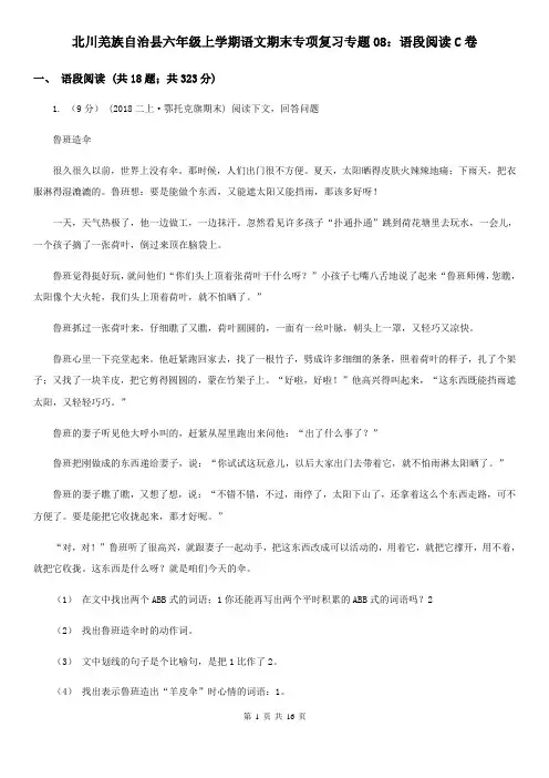 北川羌族自治县六年级上学期语文期末专项复习专题08：语段阅读C卷