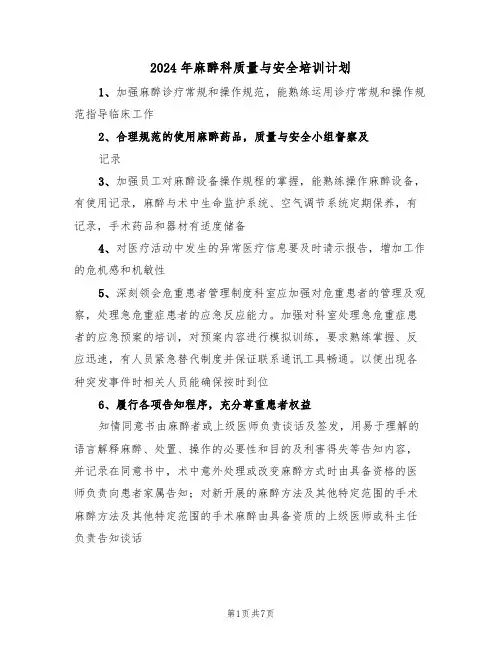 2024年麻醉科质量与安全培训计划（二篇）