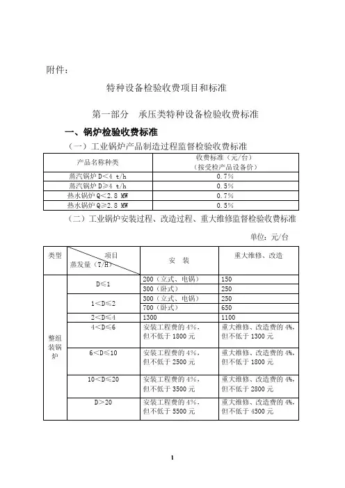特种设备检验收费项目和标准