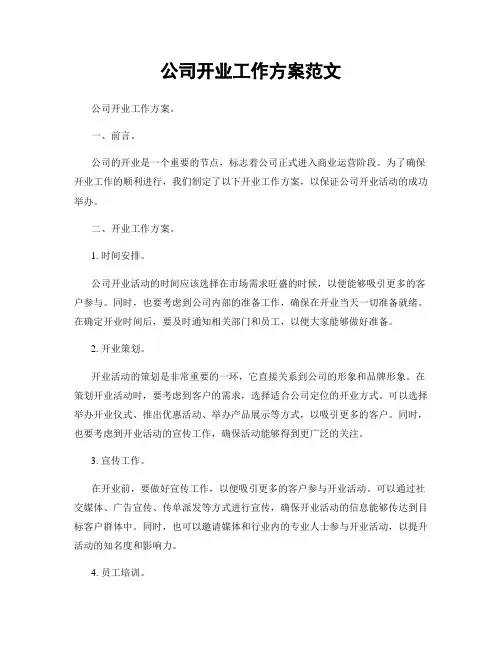 公司开业工作方案范文