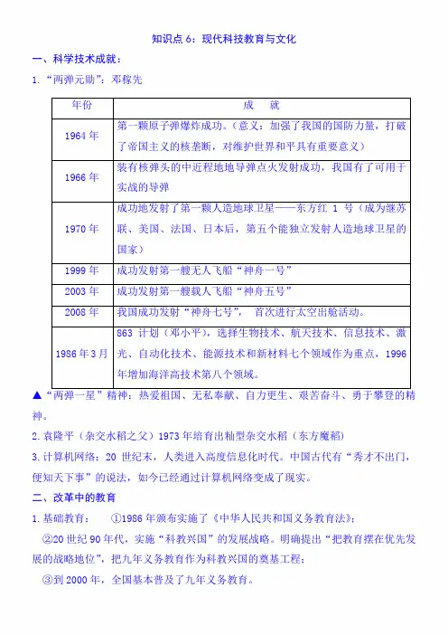 2023年中考历史热点知识专题复习讲义：知识点6：现代科技教育与文化
