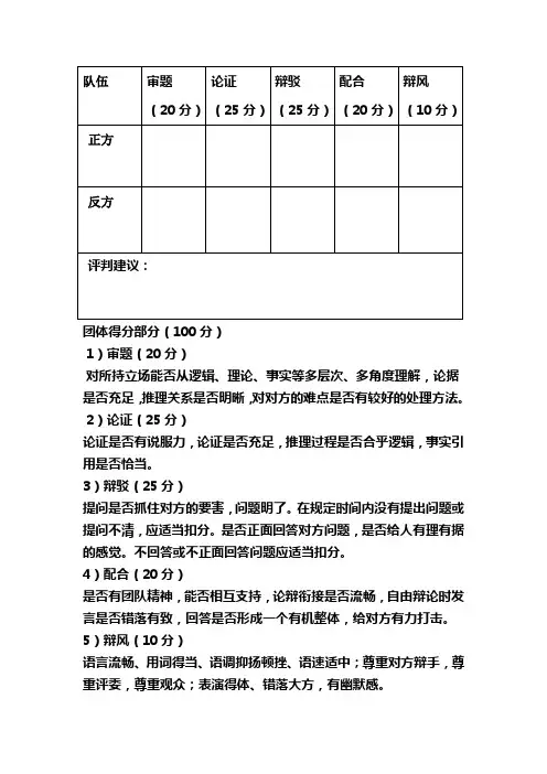 辩论赛评分表