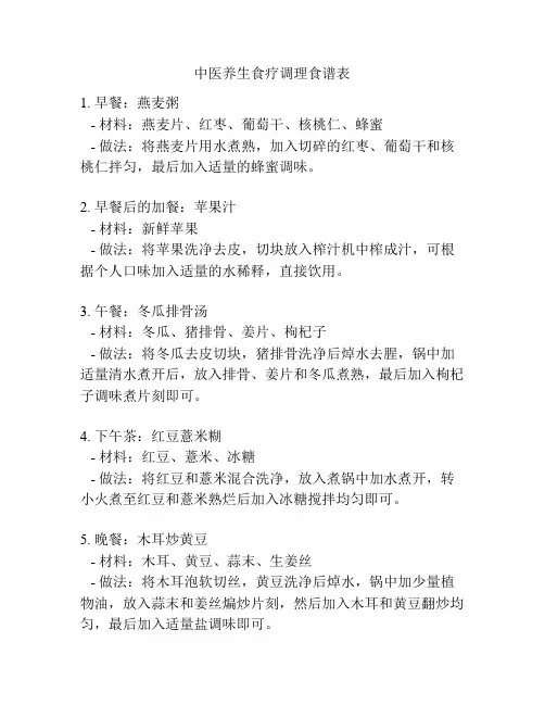 中医养生食疗调理食谱表