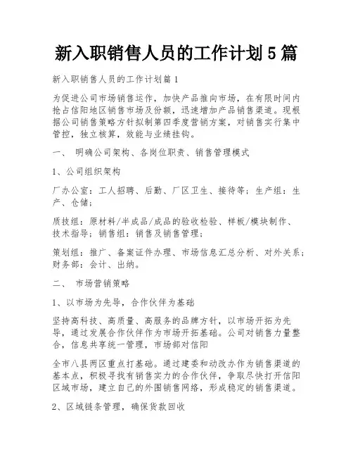 新入职销售人员的工作计划5篇