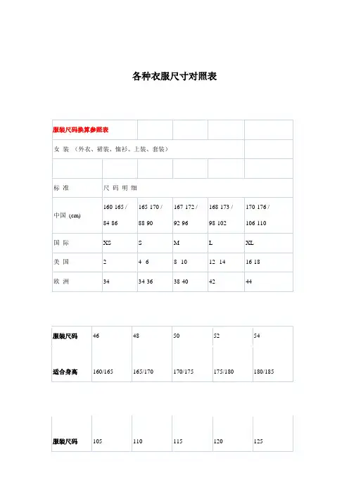 各种衣服尺寸对照表