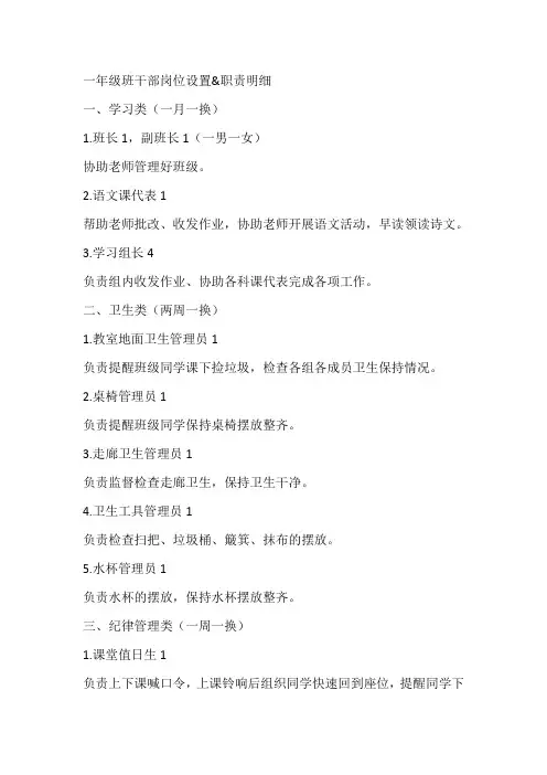 一年级班干部岗位设置