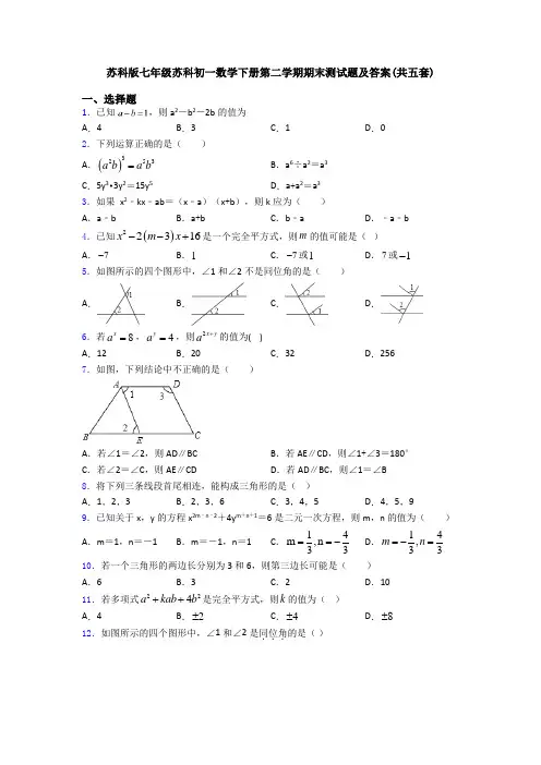 苏科版七年级苏科初一数学下册第二学期期末测试题及答案(共五套)