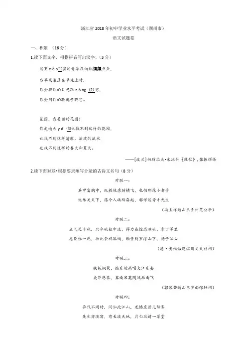047.浙江省湖州市2018年中考语文试题(word版,含答案)