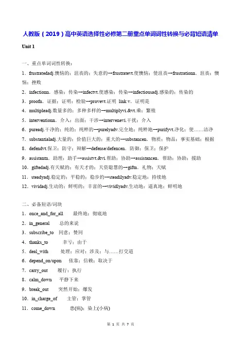 人教版(2019)高中英语选择性必修第二册重点单词词性转换与必背短语清单(实用!)