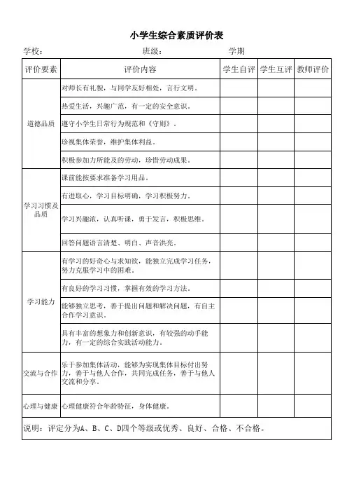 小学生综合素质评价表