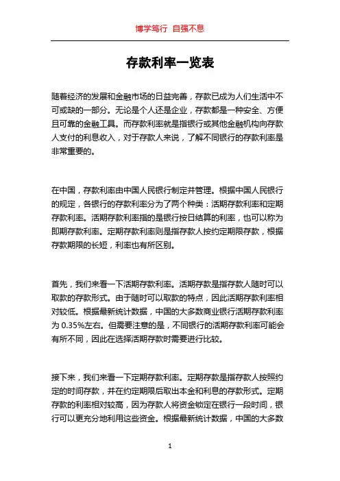 存款利率一览表