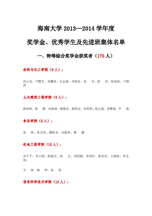 海南大学2013—2014学年度奖学金、优秀学生及先进班集体名单