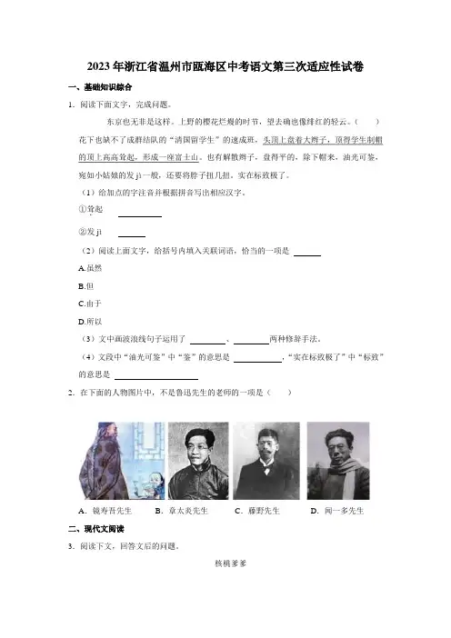 2023年浙江省温州市瓯海区中考第三次适应性语文试卷(含答案)