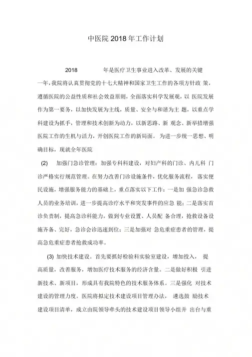 中医院2018年工作计划