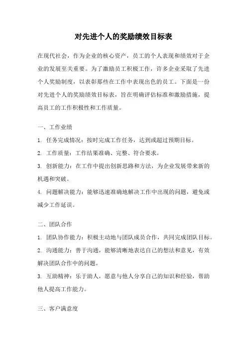 对先进个人的奖励绩效目标表