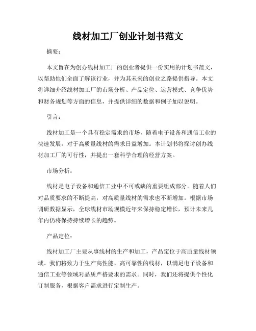 线材加工厂创业计划书范文