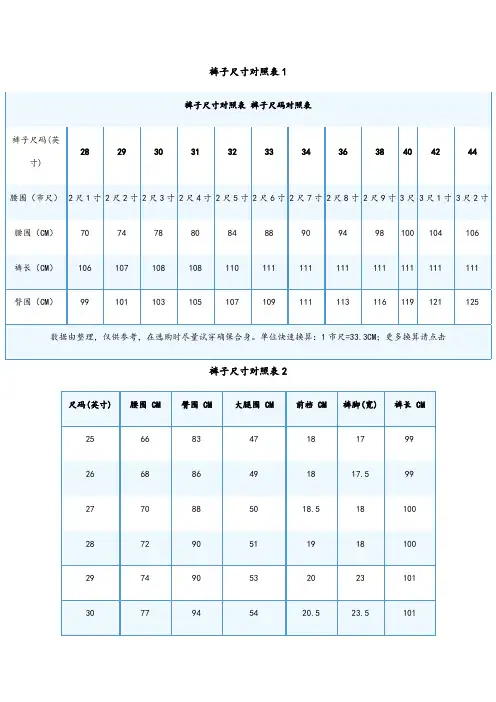 牛仔裤尺码对照表