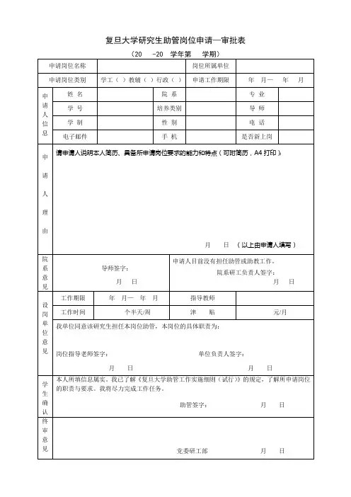 复旦大学研究生助管岗位申请—审批表