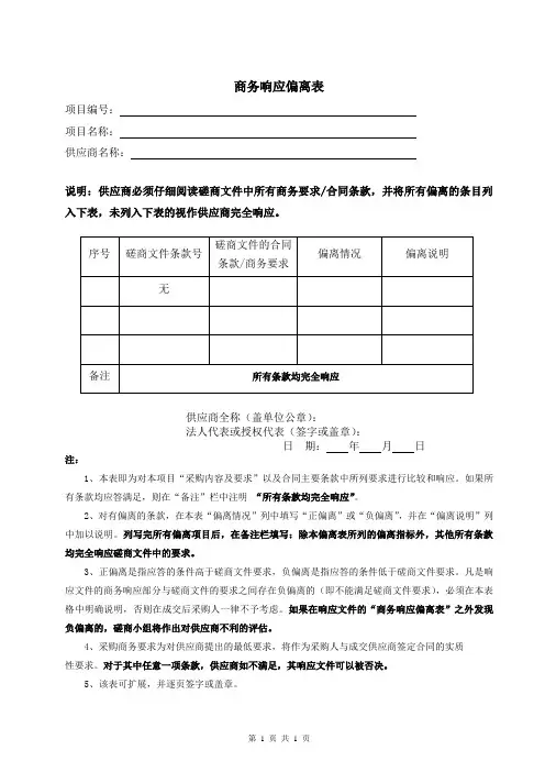 商务响应偏离表