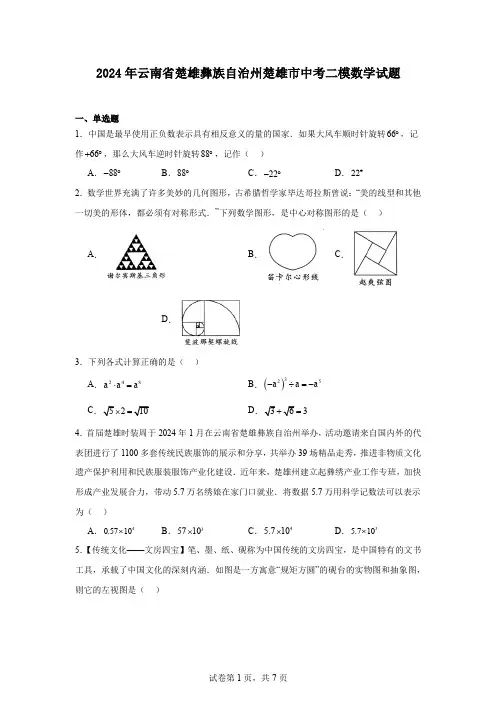 2024年云南省楚雄彝族自治州楚雄市中考二模数学试题