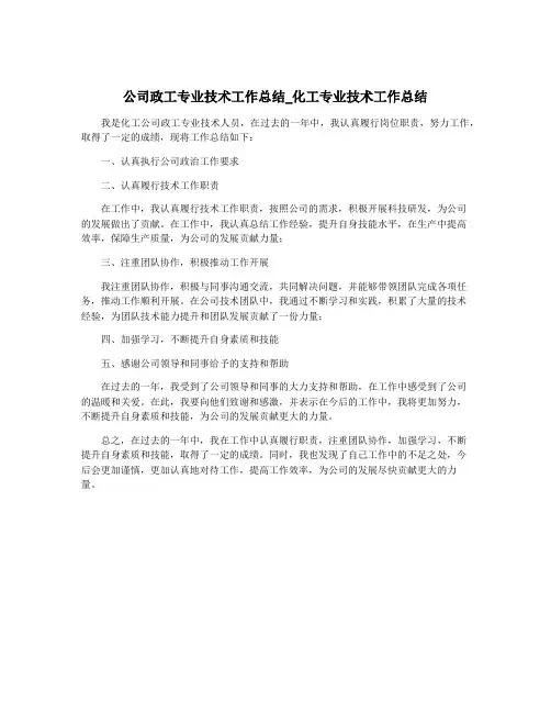公司政工专业技术工作总结_化工专业技术工作总结
