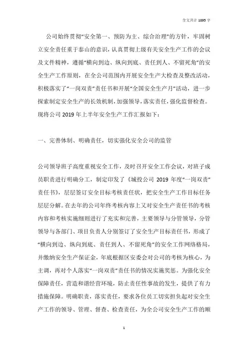 城投公司2019年上半年安全生产工作情况汇报