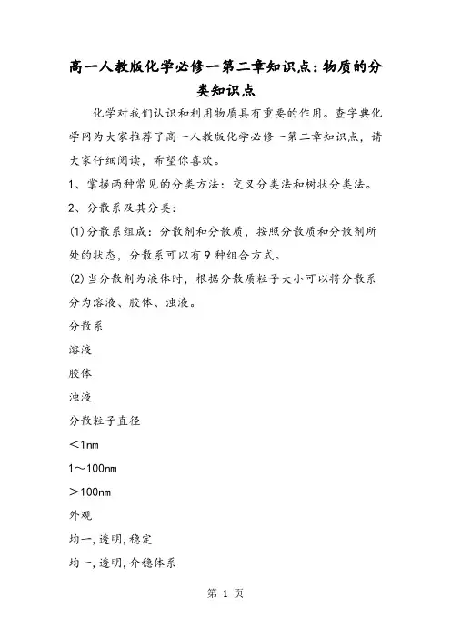 2019年高一人教版化学必修一第二章知识点：物质的分类知识点-文档资料