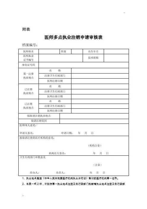 医师多点执业注销申请审核表