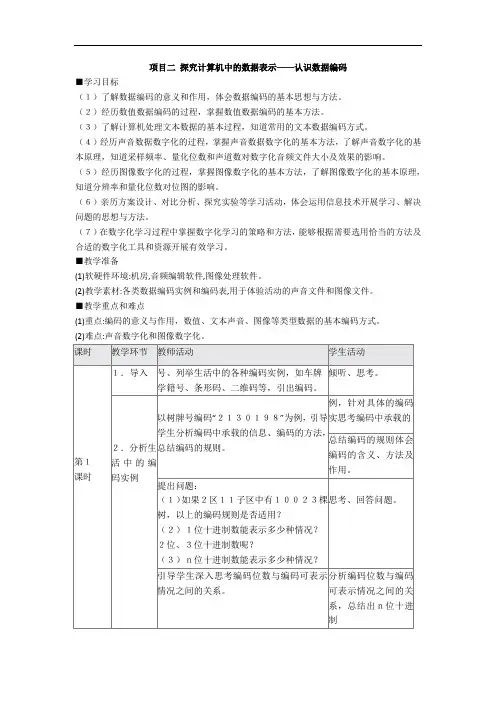 沪教版(2019)高中信息技术 必修1 项目二 探究计算机中的数据表示——认识数据编码 教案(4课时)