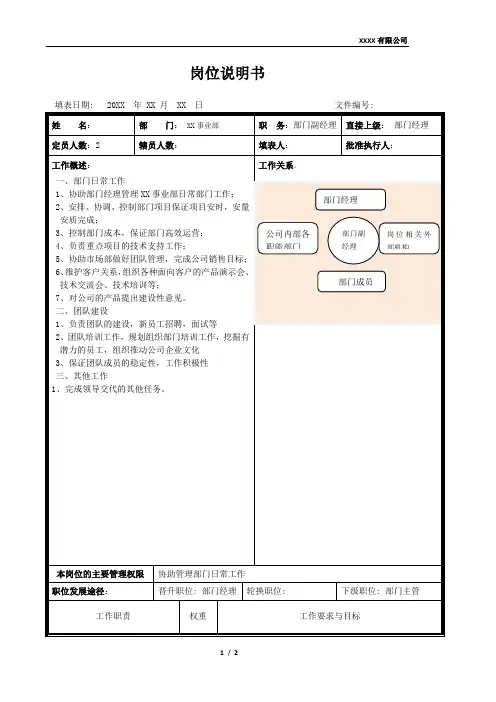 岗位说明书-部门副经理