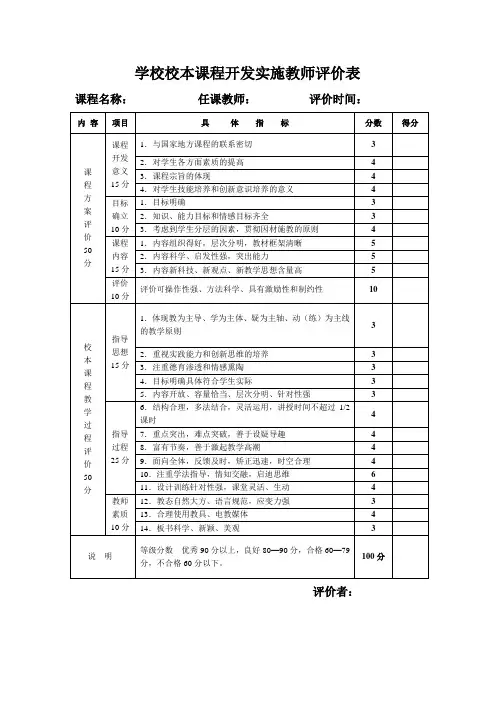 学校校本课程开发实施教师评价表