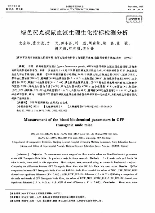 绿色荧光裸鼠血液生理生化指标检测分析