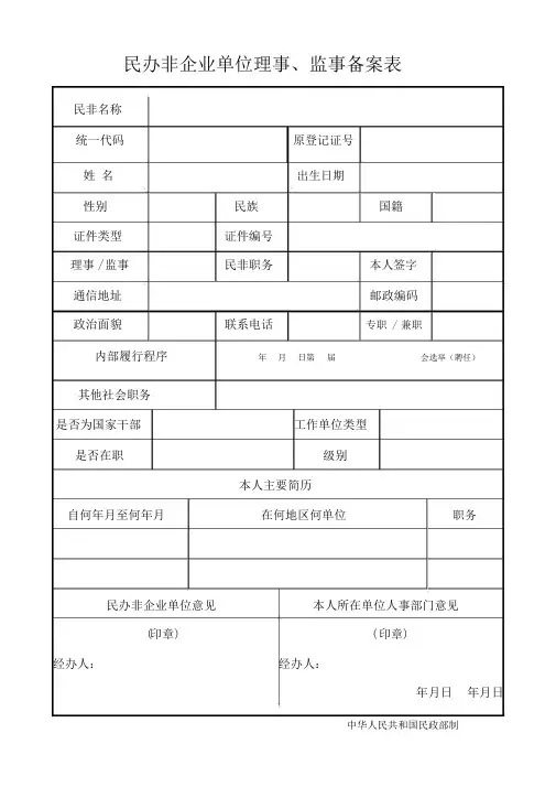 民办非企业单位理事、监事备案表
