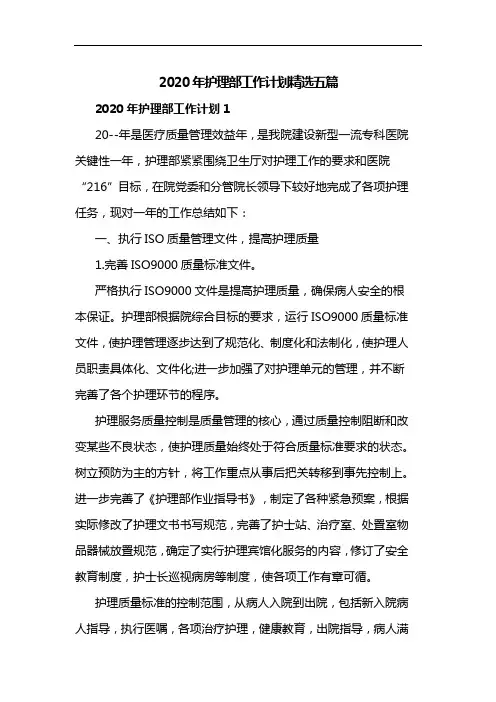 2020年护理部工作计划精选五篇