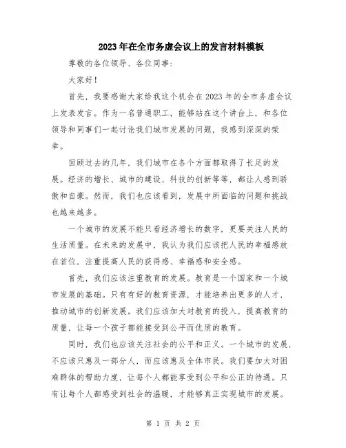 2023年在全市务虚会议上的发言材料模板