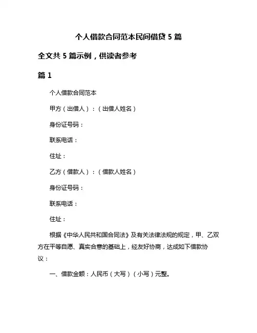 个人借款合同范本民间借贷5篇