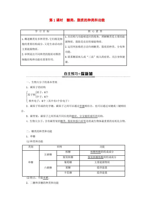 2019_2020学年高中生物第2章第2节第1课时糖类、脂质的种类和功能教案苏教版必修1