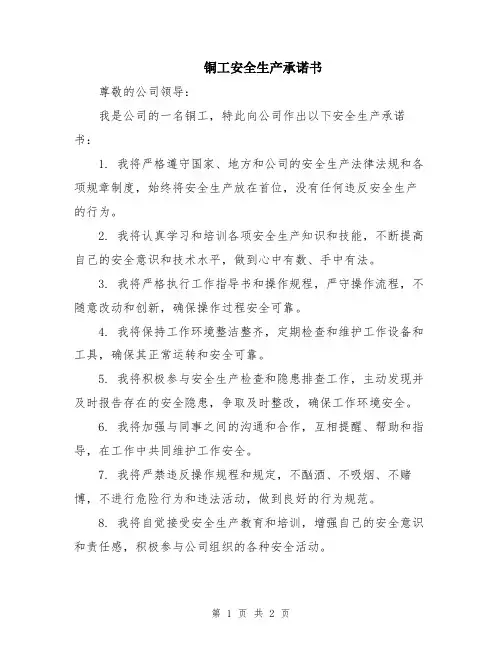 铜工安全生产承诺书