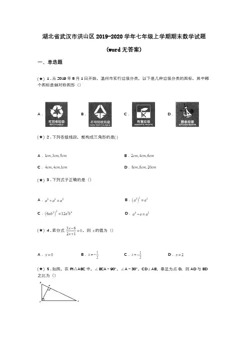 湖北省武汉市洪山区2019-2020学年七年级上学期期末数学试题(word无答案)