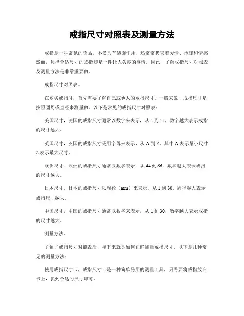 戒指尺寸对照表及测量方法