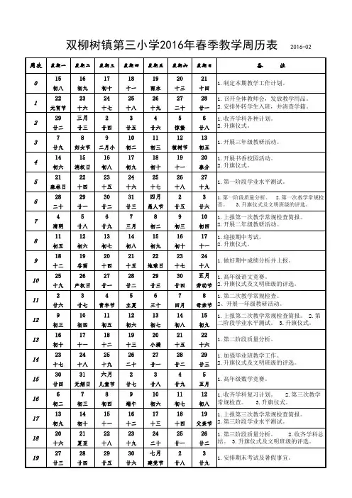 2016年春季教学周历表