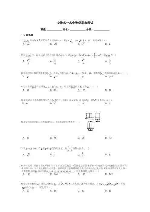 安徽高一高中数学期末考试带答案解析
