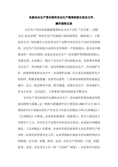 各级安全生产责任制和安全生产规章制度目录及文件操作规程目录