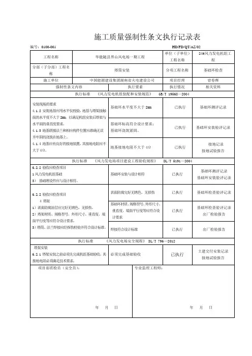 风机安装工程施工强制性条文执行记录表 质量