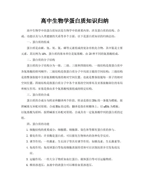 高中生物学蛋白质知识归纳