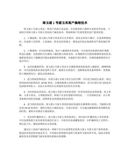 珠玉甜1号甜玉米高产栽培技术