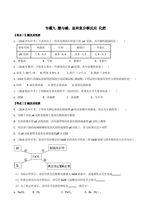 19年山东省中考化学真题分类  专题09 酸与碱、盐和复分解反应 化肥(原卷版)