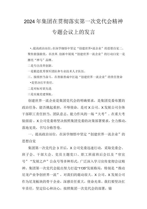 2024年集团在贯彻落实第一次党代会精神专题会议上的发言.docx